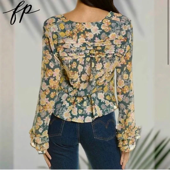 FREE PEOPLE Maybel Tie-Front Ruffled Blouse (Green/Pink) - Picture 2 of 7